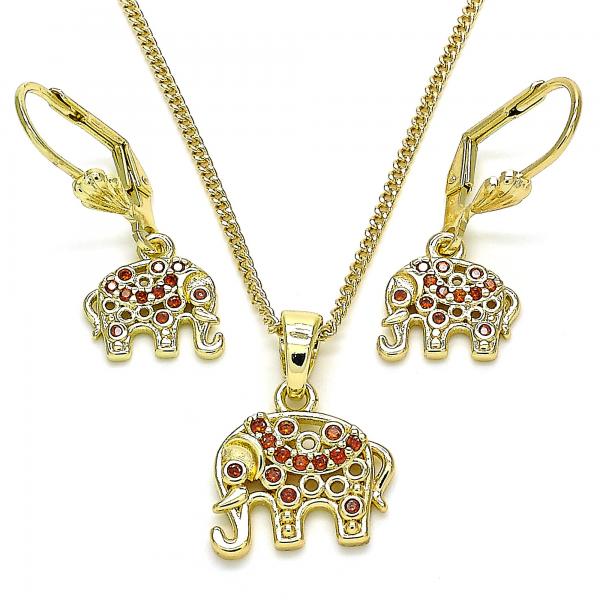 Juego de Arete y Dije de Adulto 10.316.0020.3 Oro Laminado, Diseño de Elefante, con Zirconia Cubica Granate, Pulido, Dorado