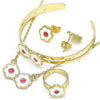 Collar, Pulso, Arete y Anillo 06.361.0029 Oro Laminado, Diseño de Flor, Esmaltado Blanco, Dorado