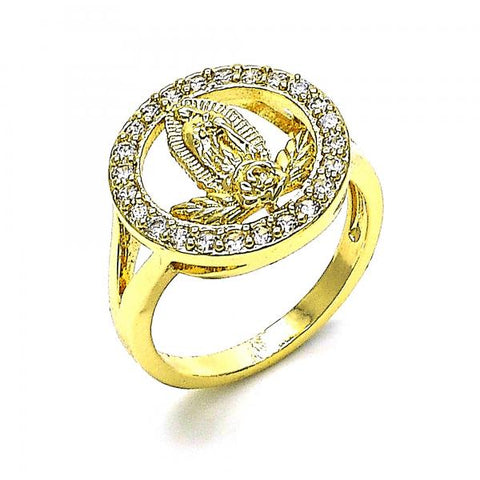 Anillo Multi Piedra 01.380.0026.07 Oro Laminado, Diseño de Guadalupe y Flor, Diseño de Guadalupe, con Zirconia Cubica Blanca, Pulido, Dorado