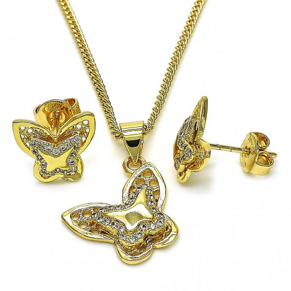 Juego de Arete y Dije de Adulto 10.156.0211 Oro Laminado, Diseño de Mariposa, con Micro Pave Blanca, Pulido, Dorado
