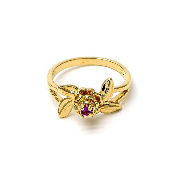 Anillo Elegante 5.172.021.09 Oro Laminado, Diseño de Flor y Oja, Diseño de Flor, con Zirconia Cubica Fucsia, Pulido, Dorado