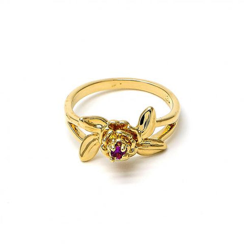 Anillo Elegante 5.172.021.09 Oro Laminado, Diseño de Flor y Oja, Diseño de Flor, con Zirconia Cubica Fucsia, Pulido, Dorado