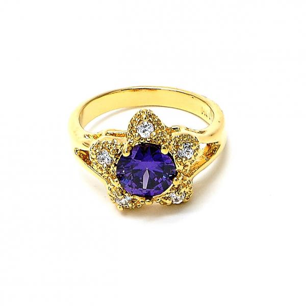 Anillo Multi Piedra 5.169.014.09 Oro Laminado, Diseño de Flor, con Zirconia Cubica Amatista y Blanca, Pulido, Dorado
