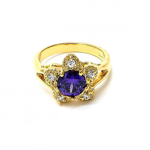 Anillo Multi Piedra 5.169.014.09 Oro Laminado, Diseño de Flor, con Zirconia Cubica Amatista y Blanca, Pulido, Dorado