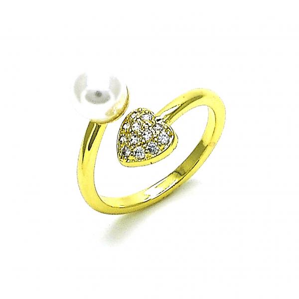 Anillo Multi Piedra 01.341.0094 Oro Laminado, Diseño de Corazon, con Micro Pave Blanca y PerlaMarfil, Pulido, Dorado