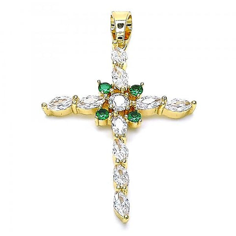 Dije Religioso 05.210.0002 Oro Laminado, Diseño de Cruz, con Zirconia Cubica Blanca y Verde, Pulido, Dorado