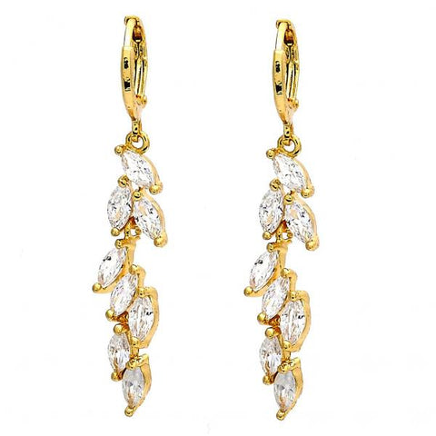Arete Largo 02.217.0014 Oro Laminado, Diseño de Oja, con Zirconia Cubica Blanca, Pulido, Dorado