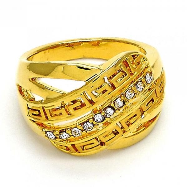 Anillo Multi Piedra 01.118.0036.07 Oro Laminado, Diseño de Llave Griega, con Cristal Blanca, Pulido, Dorado