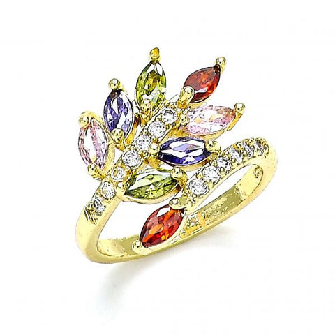 Anillo Multi Piedra 01.210.0140.08 Oro Laminado, Diseño de Oja, con Zirconia Cubica Multicolor y Micro PaveBlanca, Pulido, Dorado
