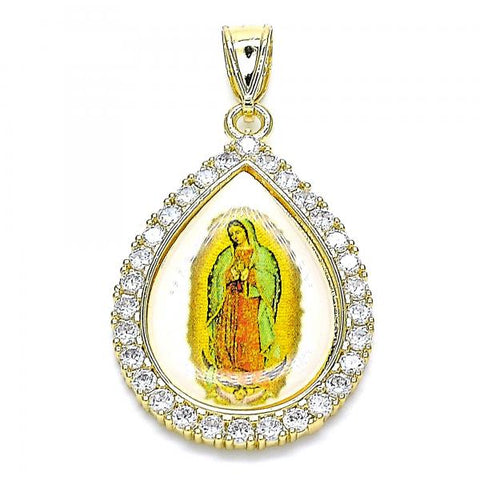 Dije Religioso 05.253.0125 Oro Laminado, Diseño de Guadalupe y Gota, Diseño de Guadalupe, con Zirconia Cubica Blanca, Pulido, Dorado