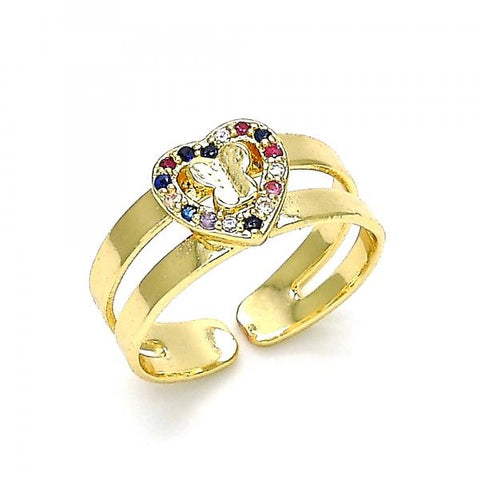 Anillo Infantil 01.233.0015.2 Oro Laminado, Diseño de Corazon y Mariposa, Diseño de Corazon, con Micro Pave Multicolor, Pulido, Dorado