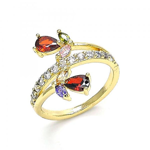 Anillo Multi Piedra 01.210.0145.07 Oro Laminado, Diseño de Gota y Oja, Diseño de Gota, con Zirconia Cubica Multicolor, Pulido, Dorado