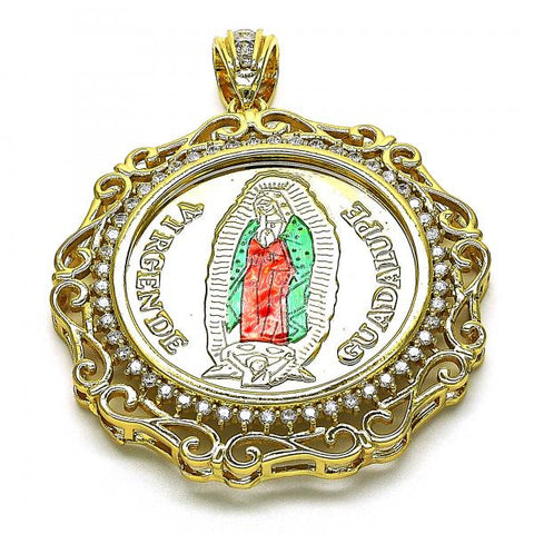 Dije Religioso 05.380.0162 Oro Laminado, Diseño de Guadalupe y Moneda Centenario, Diseño de Guadalupe, con Zirconia Cubica Blanca, Pulido, Tricolor