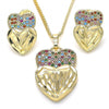 Juego de Arete y Dije de Adulto 10.233.0040.1 Oro Laminado, Diseño de Corazon, con Micro Pave Multicolor, Diamantado, Dorado