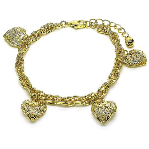Pulsera de Dije 03.331.0224.08 Oro Laminado, Diseño de Corazon, Diamantado, Dorado