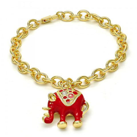 Pulsera de Dije 03.179.0001.1.07 Oro Laminado, Diseño de Elefante y Rolo, Diseño de Elefante, con Cristal Blanca, Esmaltado Rojo, Dorado
