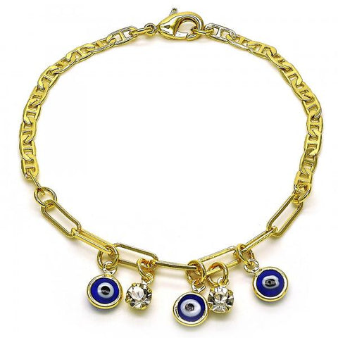 Pulsera de Dije 03.63.2247.08 Oro Laminado, Diseño de Ojo Griego y Paperclip, Diseño de Ojo Griego, con Cristal Blanca, Resinado Azul, Dorado