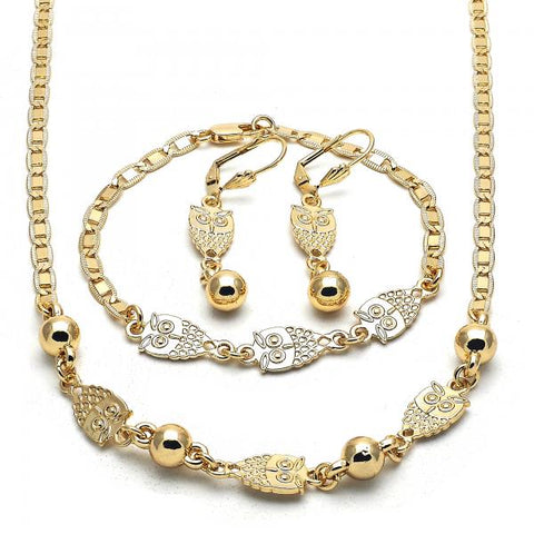 Collar, Pulso y Arete 06.63.0222 Oro Laminado, Diseño de Buho, Pulido, Dorado