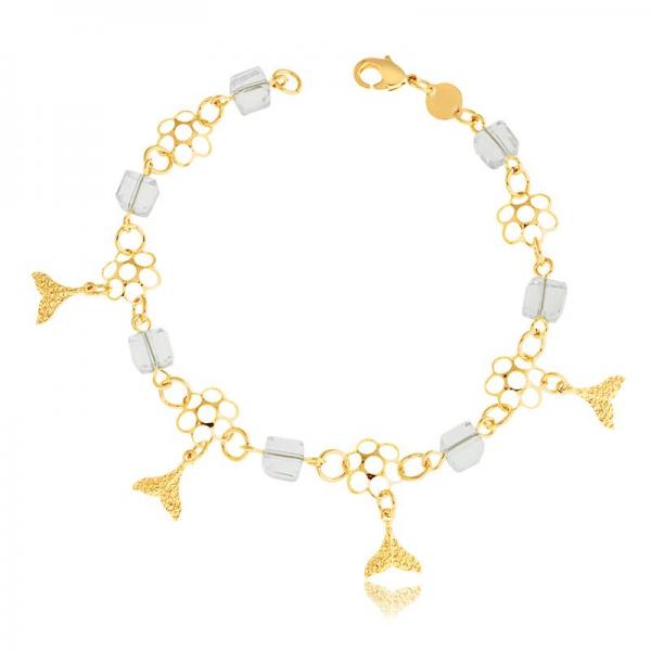 Pulsera de Dije 03.32.0200.07 Oro Laminado, Diseño de Flor y Pescado, Diseño de Flor, con Cristal Blanca, Pulido Blanco, Dorado