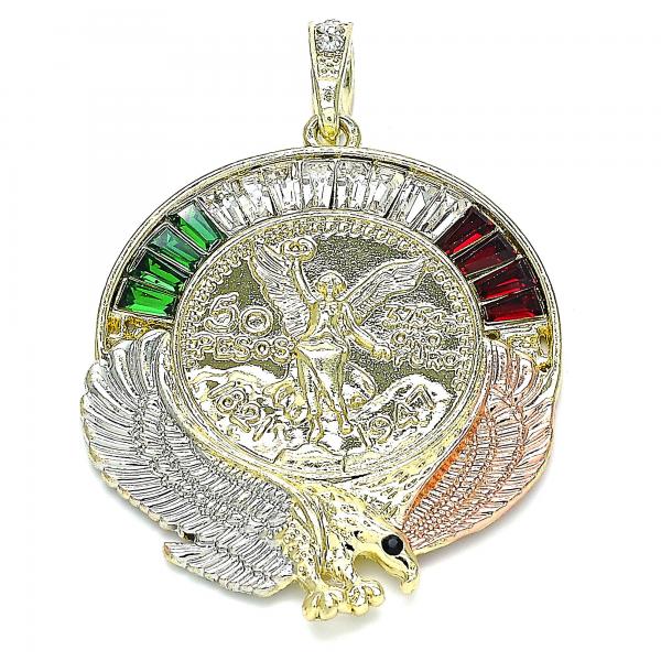 Dije Religioso 05.380.0029.1 Oro Laminado, Diseño de Moneda Centenario y Angel, Diseño de Moneda Centenario, con Cristal Granate y Verde, Pulido, Tricolor