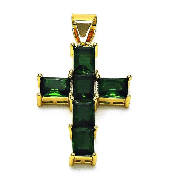 Dije Religioso 05.342.0184 Oro Laminado, Diseño de Cruz, con Zirconia Cubica Verde, Pulido, Dorado