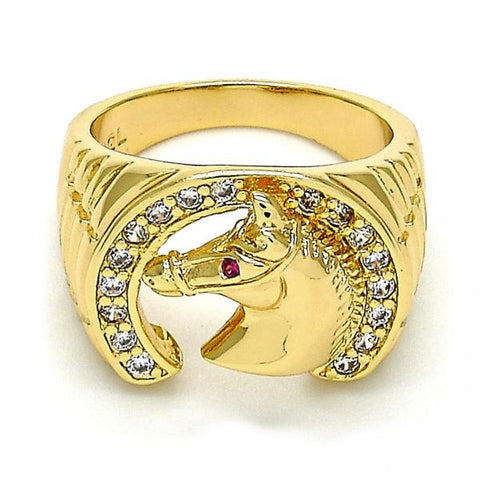 Anillo de Hombre 01.185.0005.10 Oro Laminado, Diseño de Caballo, con Zirconia Cubica Blanca y Rubi, Pulido, Dorado