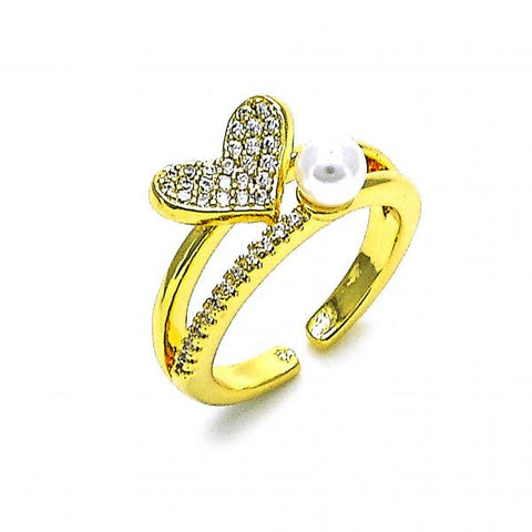 Anillo Multi Piedra 01.341.0093 Oro Laminado, Diseño de Corazon, con Micro Pave Blanca y PerlaMarfil, Pulido, Dorado