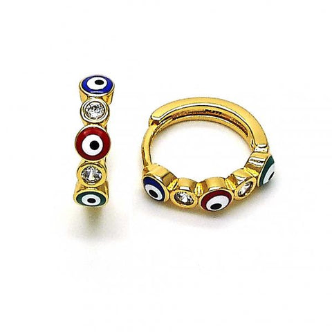 Argolla Huggie 02.213.0196.3.15 Oro Laminado, Diseño de Ojo Griego, con Zirconia Cubica Blanca, Esmaltado Multicolor, Dorado