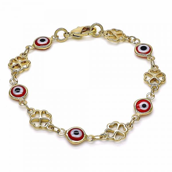 Pulsera Elegante 03.326.0011.1.06 Oro Laminado, Diseño de Ojo Griego y Trebol de Cuatro Hojas, Diseño de Ojo Griego, Resinado Rojo, Dorado