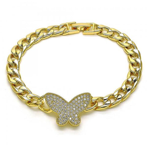 Pulsera Elegante 03.283.0268.07 Oro Laminado, Diseño de Mariposa y Cubana, Diseño de Mariposa, con Micro Pave Blanca, Pulido, Dorado