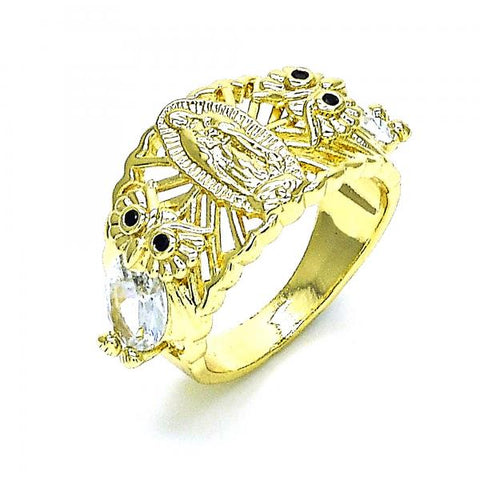 Anillo Multi Piedra 01.380.0029.08 Oro Laminado, Diseño de Guadalupe y Buho, Diseño de Guadalupe, con Zirconia Cubica Blanca y Negro, Pulido, Dorado