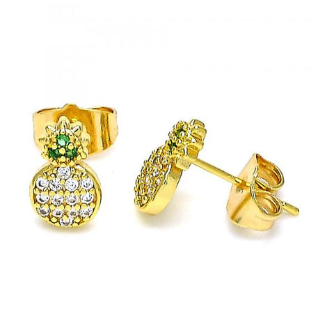 Arete Dormilona 02.310.0030 Oro Laminado, Diseño de Pina, con Zirconia Cubica Blanca y Verde, Pulido, Dorado