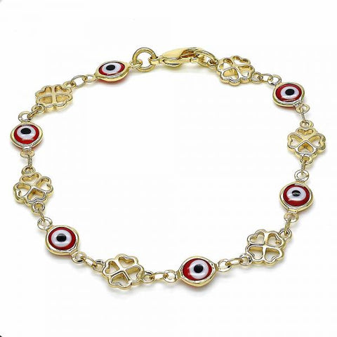 Pulsera Elegante 03.326.0011.1.08 Oro Laminado, Diseño de Ojo Griego y Trebol de Cuatro Hojas, Diseño de Ojo Griego, Resinado Rojo, Dorado