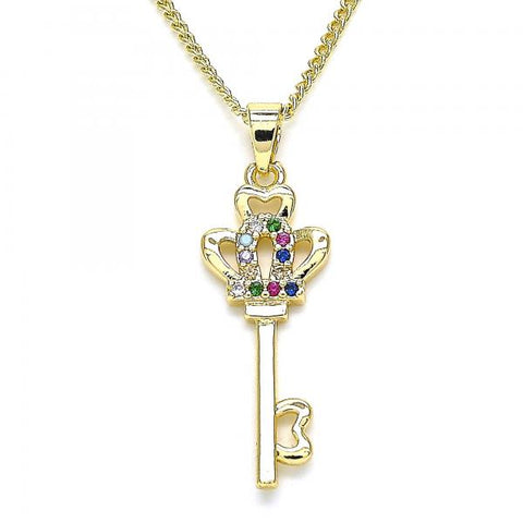 Collares con Dije 04.344.0014.2.20 Oro Laminado, Diseño de Llave y Corona, Diseño de Llave, con Micro Pave Multicolor, Pulido, Dorado