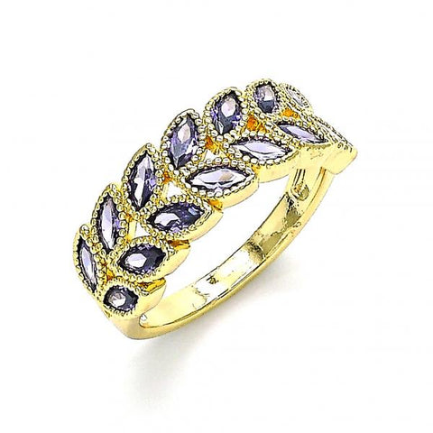 Anillo Multi Piedra 01.346.0019.3.09 Oro Laminado, Diseño de Oja, con Zirconia Cubica Amatista, Pulido, Dorado