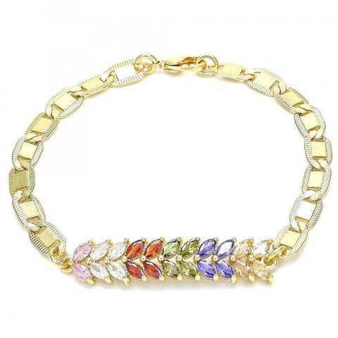 Pulsera Elegante 03.63.2153.2.07 Oro Laminado, Diseño de Oja, con Zirconia Cubica Multicolor, Pulido, Dorado