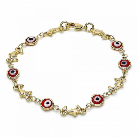 Pulsera Elegante 03.326.0009.1.08 Oro Laminado, Diseño de Ojo Griego y Delfin, Diseño de Ojo Griego, Resinado Rojo, Dorado