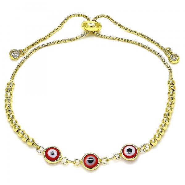 Pulsera Bolo Ajustable 03.63.2216.11 Oro Laminado, Diseño de Ojo Griego y Bola, Diseño de Ojo Griego, con Zirconia Cubica Blanca, Resinado Rojo, Dorado