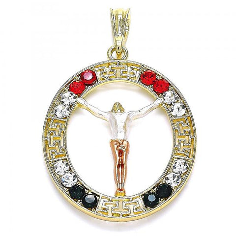 Dije Religioso 05.380.0034.1 Oro Laminado, Diseño de Jesus y Llave Griega, Diseño de Jesus, con Cristal Multicolor, Pulido, Tricolor
