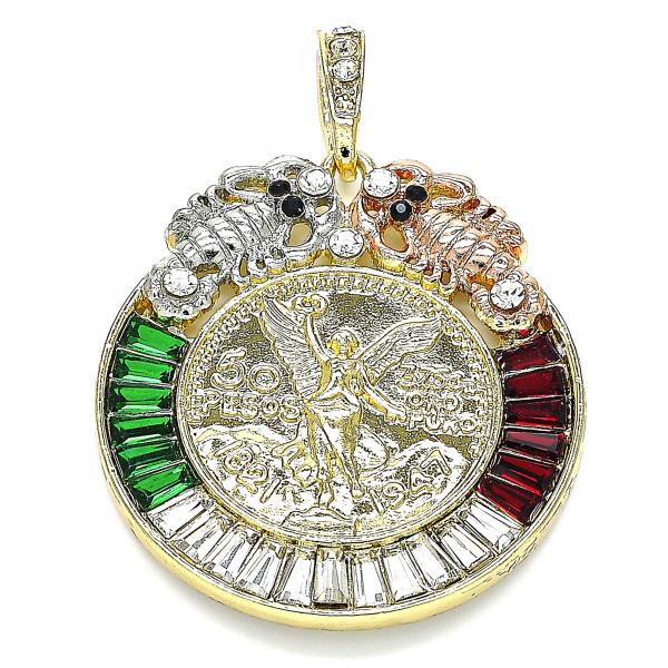 Dije Religioso 05.380.0031.1 Oro Laminado, Diseño de Moneda Centenario y Angel, Diseño de Moneda Centenario, con Cristal Granate y Verde, Pulido, Tricolor