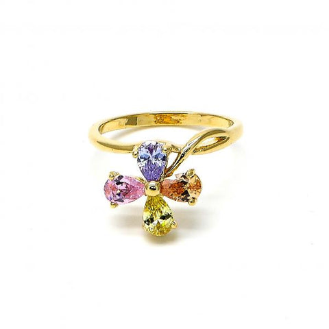 Anillo Multi Piedra 5.172.007.09 Oro Laminado, Diseño de Flor, con Zirconia Cubica Multicolor, Pulido, Dorado