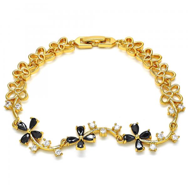 Pulsera Elegante 03.210.0107.07 Oro Laminado, Diseño de Flor, con Zirconia Cubica Negro y Blanca, Pulido, Dorado