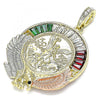 Dije Religioso 05.380.0029.1 Oro Laminado, Diseño de Moneda Centenario y Angel, Diseño de Moneda Centenario, con Cristal Granate y Verde, Pulido, Tricolor