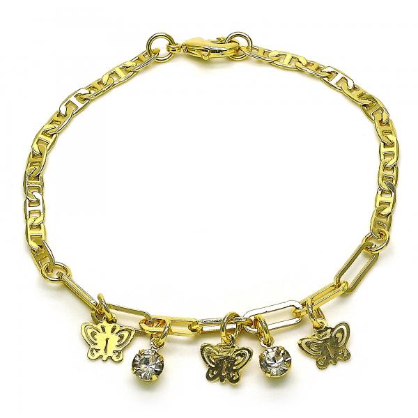 Pulsera de Dije 03.63.2250.08 Oro Laminado, Diseño de Mariposa y Paperclip, Diseño de Mariposa, con Cristal Blanca, Pulido, Dorado