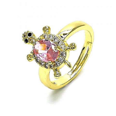 Anillo Multi Piedra 01.284.0086.1 Oro Laminado, Diseño de Tortuga, con Zirconia Cubica Rosado y Micro PaveBlanca, Pulido, Dorado