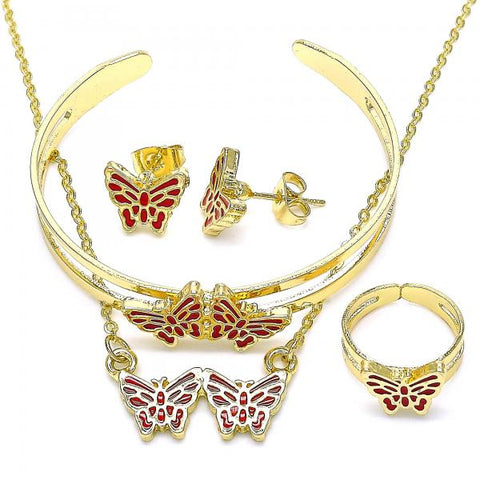 Collar, Pulso, Arete y Anillo 06.361.0031 Oro Laminado, Diseño de Mariposa, Esmaltado Rojo, Dorado