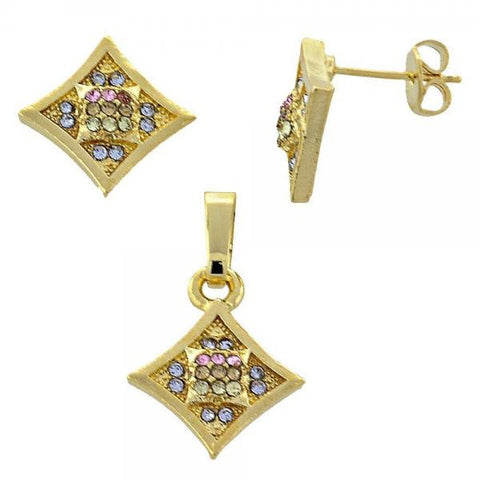 Juego de Arete y Dije de Adulto 10.164.0015.1 Oro Laminado, Diseño de Flor, con Cristal Multicolor, Pulido, Dorado