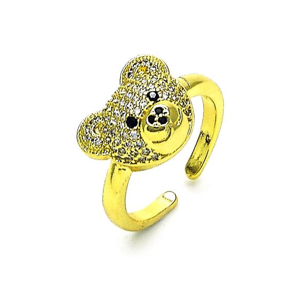 Anillo Multi Piedra 01.341.0102 Oro Laminado, Diseño de Osito y Solitario, Diseño de Osito, con Micro Pave Blanca y Negro, Pulido, Dorado