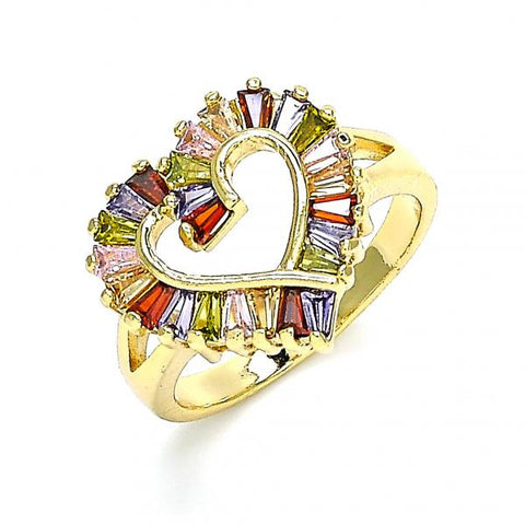 Anillo Multi Piedra 01.283.0017.1.09 Oro Laminado, Diseño de Corazon, con Zirconia Cubica Multicolor, Pulido, Dorado