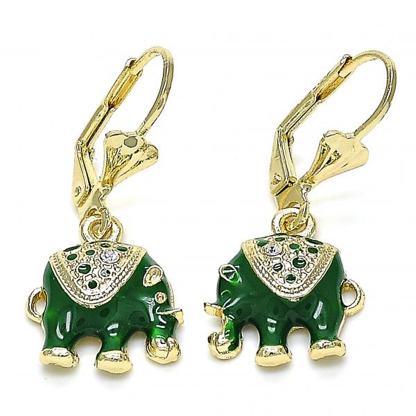 Arete Colgante 02.351.0058.3 Oro Laminado, Diseño de Elefante, con Cristal Blanca, Esmaltado Verde, Dorado